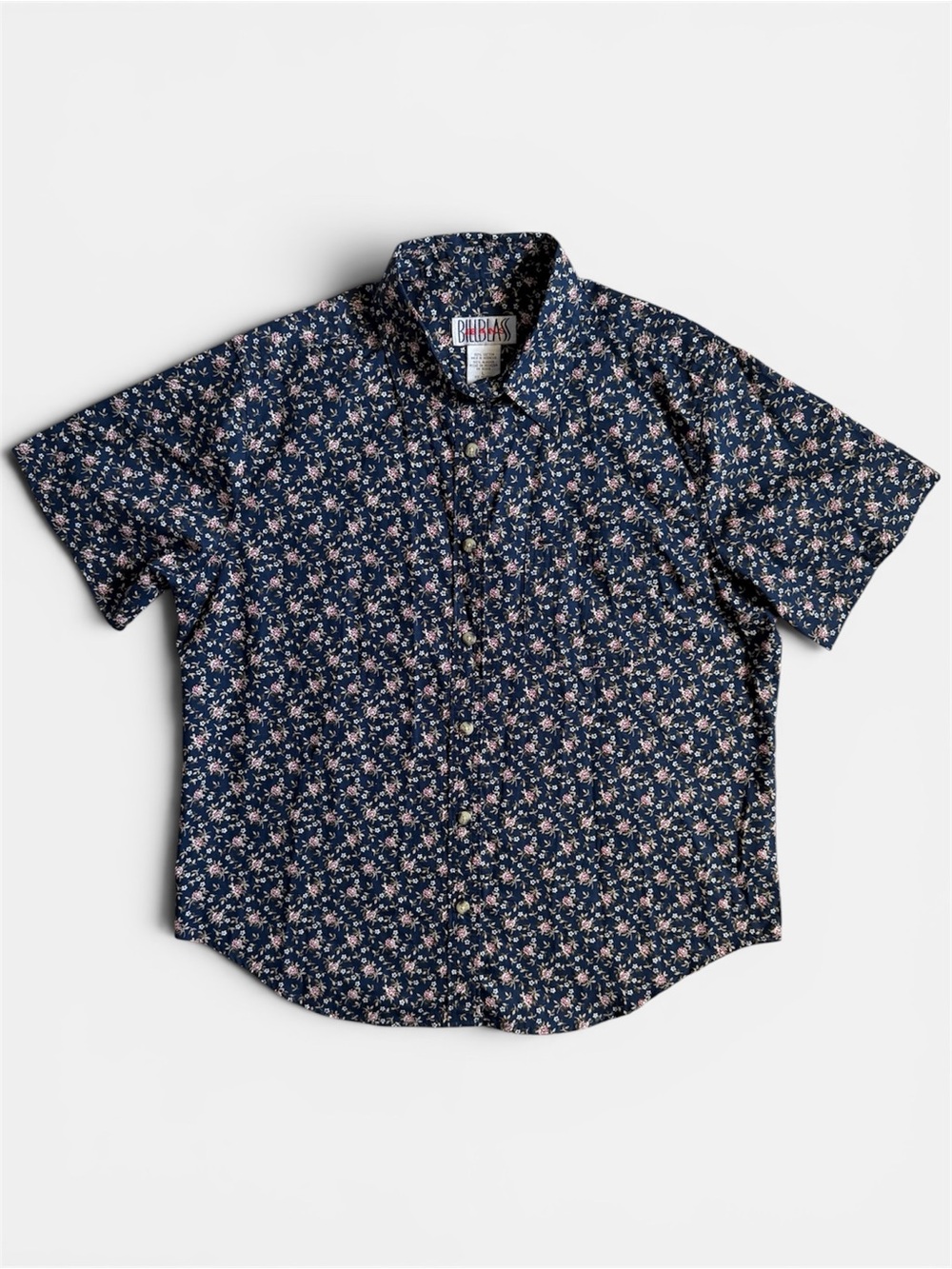 Vintage Bill Blass Navy Short-Sleeve Floral Button-Up Shirt